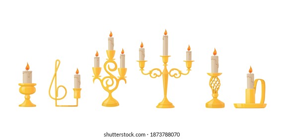 Set of Candles in Golden Candlestick Isolated on White Background. Burning Candles for Holidays, Church Worship or Romantic Date and Restaurant Dinner, Decorative Elements. Cartoon Vector Illustration