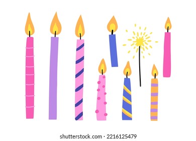 a set of candles hand drawn in flat style. Vector illustration.