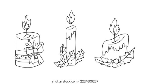 Set Сhristmas Candles, holiday, New Year decor. For holiday decor. Contour hand drawing in doodle style.Vector illustration