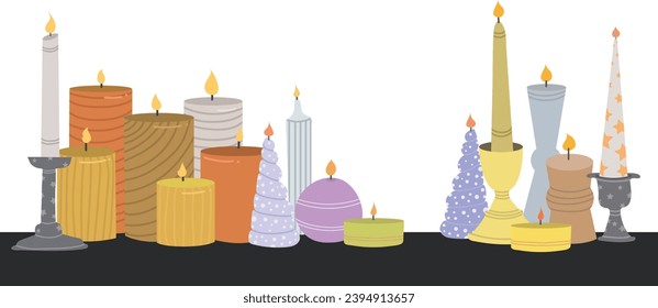 conjunto de velas horizontalmente decodificadas en el estilo de diseño de la línea de tiempo, festivos diseños de velas elegantes y sobrios colores de luz  