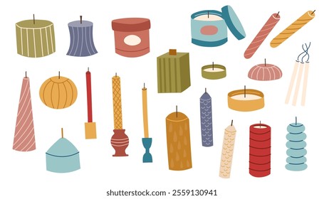 Set of candles isolated on white. Handmade candles workshop. DIY concept. Vector flat illustration.