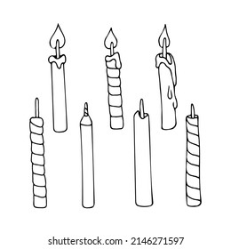 Set of candles line art. Paraffin cake candle. Festive decoration. Wick, flame, wax. Hand drawn vector doodle illustration. Outline drawing.