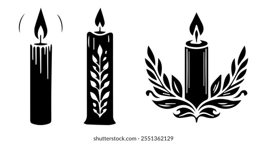 set of candles, Melting candle line art silhouette vector illustration on a white background, Candle icon set, candle black silhouette icon, Candle vector icon set black filled and outlined style.