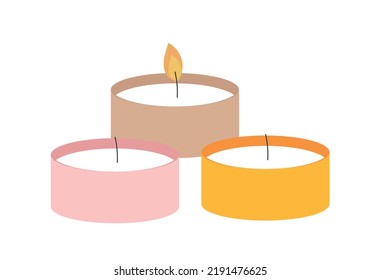Set of candles. Multicolored decor elements for apartment. Romantic dates, rest and relaxation. Aromatherapy and spa treatments. Wax decorative element in container. Cartoon flat vector illustration