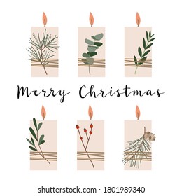 Set of candles with nature elements: 
spruce, eucalyptus, twig, berries. Aromatherapy, hygge home, christmas eco decoration. Vector flat cartoon illustration. For card, sticker, invitation, tag, label