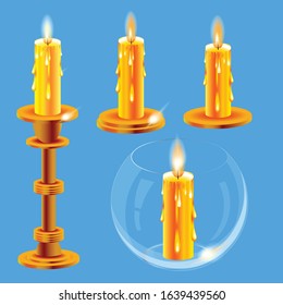 A set of candles on a stand, in a glass, transparent, round and antique candlestick. on a blue background. Design element.