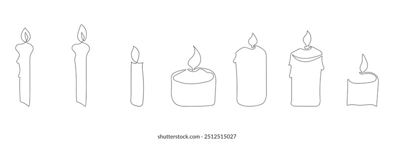 Conjunto de velas, una línea, arte de contorno, oscuro sobre blanco. Ilustración vectorial, decoración, elemento decorativo.