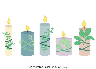 Conjunto de velas con plantas. Relajación y relajación, velas de aroma natural para yoga o meditación. Simple ilustración vectorial plana.