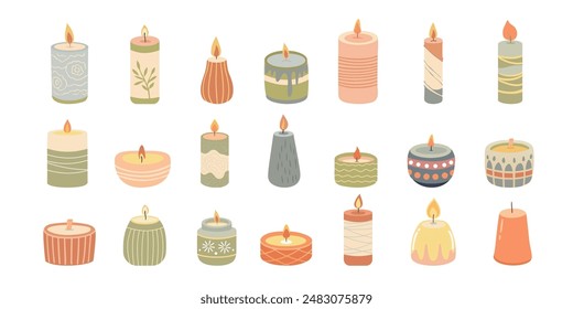 Set of candles in scandinavian style. Various Candles. Different shapes and sizes. Vector illustration.