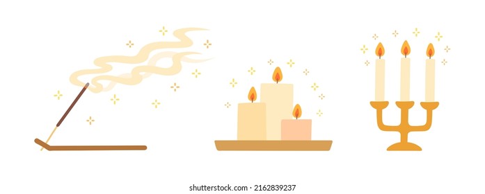 Set of candles and scented stick on a wooden stand. Home aromatherapy. Vector illustration isolated on white background.