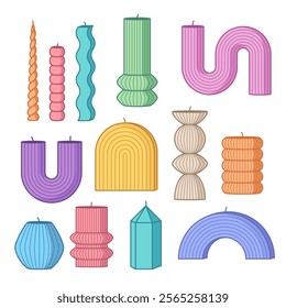 Set of candles of various different shapes and silhouettes. Home decor vector illustrations, drawings