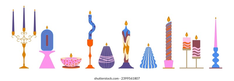 Set candles of various shapes and sizes. Cartoon decorative wax candles. Relaxation, yoga, aromatherapy, spa. Vector set of aroma candles