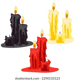 A set of candles in varying degrees of burnout on a white background. Red, black, yellow candles for divination in groups. Decor elements for Halloween. The candles are burning. Incantatory actions.