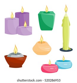 Set of candles. Vector illustration. Cartoon style. Elements for new year, christmas cards and spa