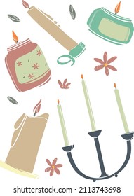 Set of candles in vintage style. Candles in a jar, stick candles, flower decoration