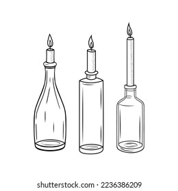 A set of candles in wine bottles outline hand drawn vector illustration.