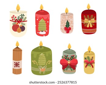 Set of Candles for winter or Christmas in flat style on white background illustration