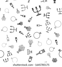 Ponga Candlestick, botella de champán, anillo de compromiso de diamantes y ramo de flores en un patrón ininterrumpido. Vector