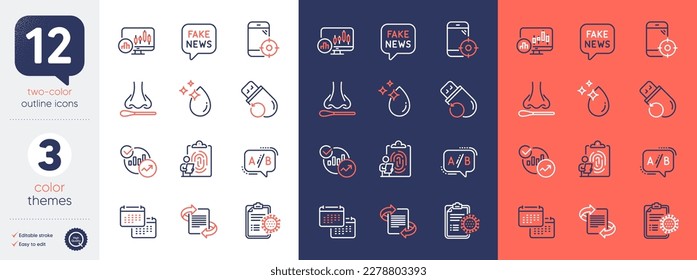 Set of Candlestick chart, Fake news and Water drop line icons. Include Ab testing, Fingerprint, Seo phone icons. Nasal test, Coronavirus report, Flash memory web elements. Calendar. Vector