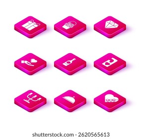 Conjunto Candelero, Cubierto con bandeja de comida, Corazón en la mano, botella de champán, Caramelo en arco de caja en forma de corazón, Por favor no molestar, Diamante y flores icono de la cesta. Vector