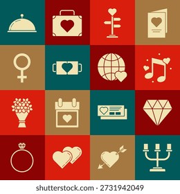 Conjunto Candelero, Diamante, nota de música, tono con corazones, Señal, dos tazas de café, símbolo de género femenino, bandeja cubierta de comida y el icono del amor mundial. Vector