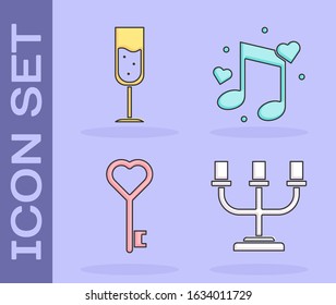 Set Candlestick, Glass of champagne, Key in heart shape and Music note, tone with hearts icon. Vector