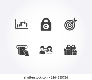 Set of Candlestick graph, Credit card and Target icons. People communication, Ð¡opyright locker and Holiday presents signs. Finance chart, Atm payment, Targeting. Vector
