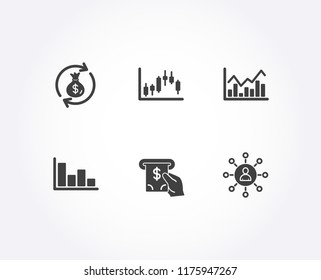 Set of Candlestick graph, Money exchange and Histogram icons. Infochart, Atm service and Networking signs. Finance chart, Cash in bag, Economic trend. Vector