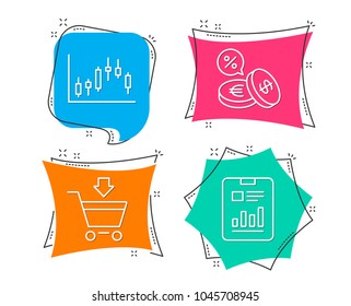 Set of Candlestick graph, Online market and Currency exchange icons. Report document sign. Finance chart, Shopping cart, Euro and usd. Page with charts.  Flat geometric colored tags. Vivid banners