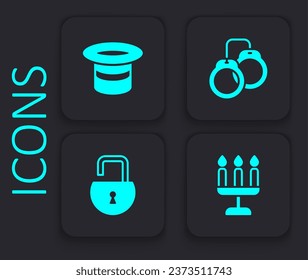 Set Candlestick, Magic hat, Handcuffs and Open padlock icon. Black square button. Vector