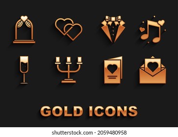 Set Candlestick, Music note, tone with hearts, Envelope Valentine, Valentines day party flyer, Glass of champagne, Suit, Wedding arch and Two Linked Hearts icon. Vector
