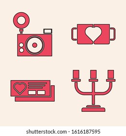 Set Candlestick, Photo camera, Two coffee cup and heart and Ticket with heart icon. Vector