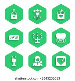 Set Candlestick, Romantic girl, Broken heart or divorce, Heart, Glass of champagne, Love text, Shopping bag with and Bottle love potion icon. Vector