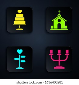 Set Candlestick, Wedding cake with heart, Signpost with heart and Church building. Black square button. Vector