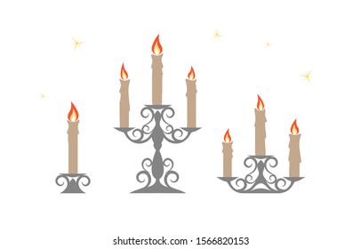 Set of candlesticks with burning candles isolated on white background. Home interior decor, festive, tradition, ritual element. Flat cartoon style vector illustration. Color candles icon.