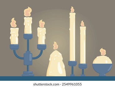 Set of candlesticks. Candleholders with burning candles. Elements of decor and interior. Lamps and candles with flame, illumination. Flat vector illustration isolated on brown background