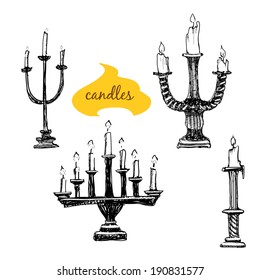 Set of candlesticks with candles. Hand drawn illustrations.