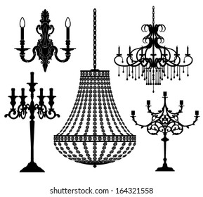 Set of candlesticks and chandeliers. Vector illustration.