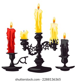 A set of candlesticks and lamps. Vintage black hand lanterns with candles red, yellow, black. Candles for divination. Triple candle holder with a web, single with a handle and without a handle