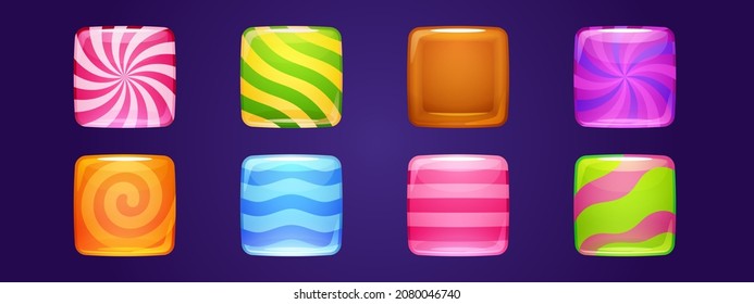 Set of candy app icons, game ui square buttons, cartoon lollipop menu interface, colorful blocks with stripes. Gui graphic design elements for user panel settings, isolated 2d vector illustration