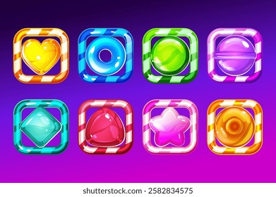 Set of candy app icons, game ui square buttons, cartoon lollipop menu interface, colorful blocks with stripes. Gui graphic design elements for user panel settings, isolated 2d vector illustration