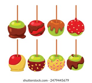 Set of candy apple coated by sweet caramel, white and dark chocolate, flat vector illustration, delicious dipped homemade caramel apples cartoon toffee apple set isolated on white background.