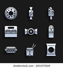 Set Candy, Asian noodles chopsticks, Bag or packet potato chips, Doner kebab, Hotdog sandwich, Coffee cup go, Ice cream and Donut icon. Vector