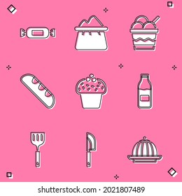 Set Candy, Bag of flour, Ice cream in bowl, French baguette bread, Cake, Bottle with milk, Spatula and Knife icon. Vector