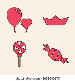 Set Candy, Balloons in form of heart, Folded paper boat and Lollipop icon. Vector