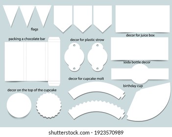 A set for a candy bar, mocup. Contains flags, packaging for chocolate, muffins, juice, soda, plastic straws, caps.