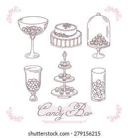 Set of candy bar objects. Bakery goods clip art. Vector illustration in outline style svg