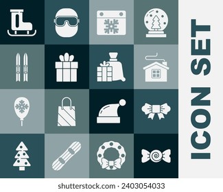 Set Candy, Bow tie, Merry Christmas house, Calendar, Gift box, Ski sticks, Figure skates and Santa Claus bag gift icon. Vector