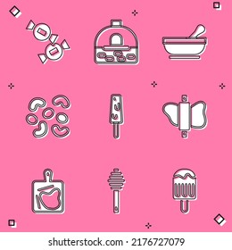 Set Candy, Brick stove, Mortar pestle, Jelly candy, Ice cream, Rolling pin on dough, Cutting board and Honey dipper stick icon. Vector