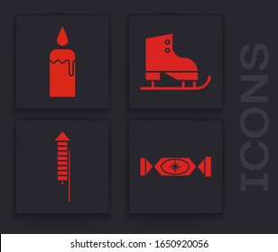 Set Candy, Burning candle in candlestick, Figure skates and Firework rocket icon. Vector